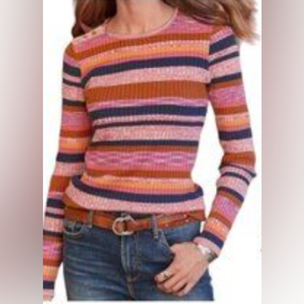 Sundance Bright Nights Sweater Colorful Stripes Button Shoulder ribbed